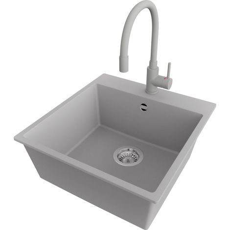 PRIMAGRAN Evier Cuisine en Granit 48x50cm,Lavabo 1 bac + Robinet 38x14cm + Kit de Vidage, Évier à Encastrer au meuble 50cm - Riga, Gris (1/5)