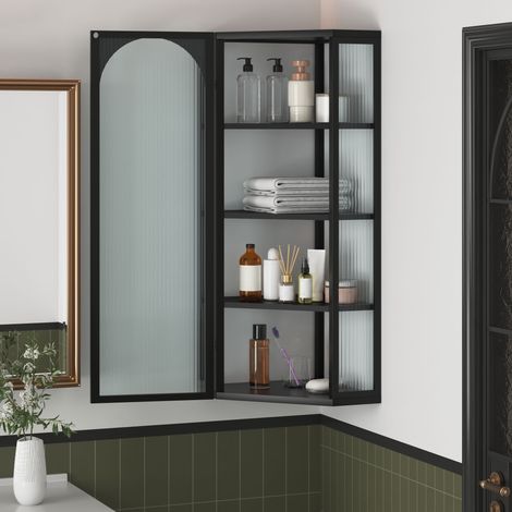 Armoire murale triangulaire en verre blanc transparent de 105 cm, quatre niveaux de rangement, sans panneau arrière, idéale pour la cuisine et la salle de bain, noire. (1/5)