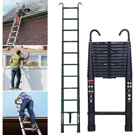 Échelle rétractable en alliage d'aluminium avec 2 crochets, 13 marches, échelle rétractable de 3,8 mètres, portable et légère, robuste et stable, polyvalente, portant 150 kg, conforme à la norme EN131 (1/5)