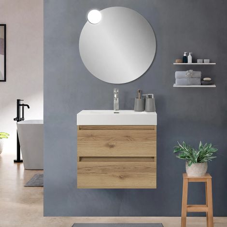 Mobile bagno sospeso 60 cm quercia naturale con due cassetti e lavabo alto in resina Leda (1/5)
