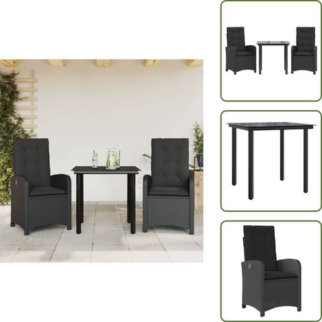 Rattanstuhl - vidaXL 3-tlg. Garten-Essgruppe mit Kissen Schwarz Poly Rattan - Sitzkissen (1/5)