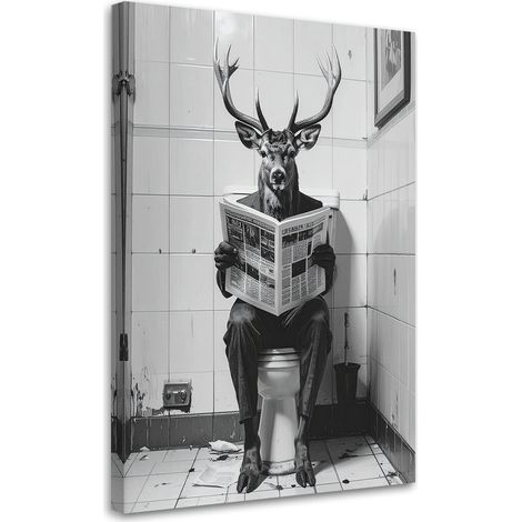 Tableau déco Cerf humoristique dans les toilettes lisant le journal noir et blanc 60x90 (1/4)