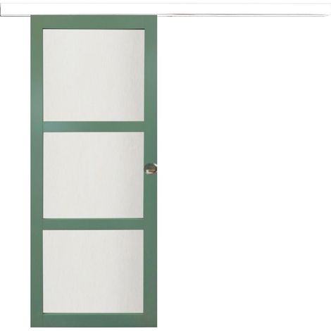 Porte Coulissante Vert Sauge Ral 6021 Vitrée H204 X L83 Cm, Rail Alu Bandeau Blanc, Coquilles Gd Menuiseries
