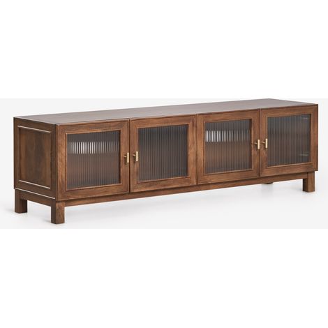 Meuble TV 170x45 cm en bois de manguier et verre Ildara SKLUM Doré - Bois de Manguier Foncé (1/5)