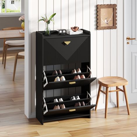Scarpiera con 3 ante a ribalta e 6 scomparti, divisori regolabili, per ingresso, in MDF, nero, 70×30×120 cm (1/5)