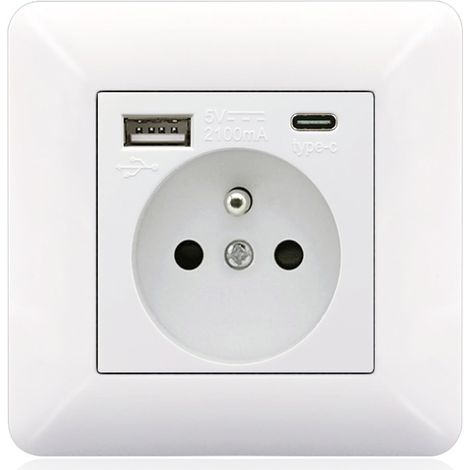 Sjqka – Panneau de prises Type-C et USB 16A – 2 prises – 1 port USB – 1 port Type-C – Installation horizontale ou verticale – Design moderne blanc
