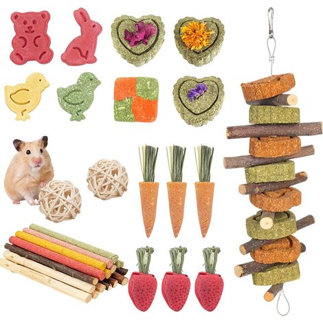 42 Pcs Rabbit Toys, Indoor Dwarf Rabbit Toy for Rabbit, Hamster, Guinea Pig and Chinchilla, Timothy Hay Sticks Wood Pet Teeth (1/5)