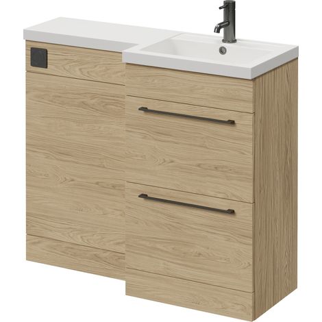 Napoli 390 Light Oak 1000mm 2 Drawer Vanity Unit Toilet Suite with Right Hand Square Lucia Basin - 1000mm - Gunmetal Grey 320mm HandleWithout Kingston Toilet Pan