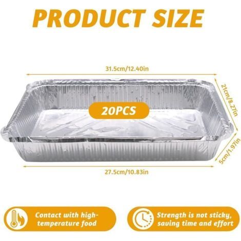 Lot de 20 plateaux de cuisson jetables en aluminium pour barbecue à gaz, charbon de bois et four, pour viande, poisson, légumes, 31,5 x 21,5 x 5 cm (1/3)
