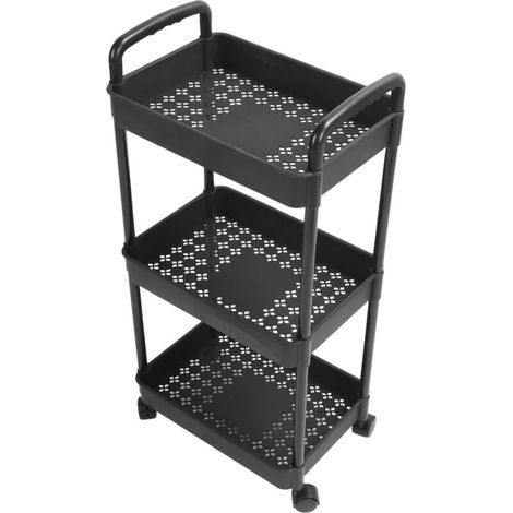 Large capacity black plastic storage cart with wheels. Versatile 3-tier cart, easy to assemble for bedroom, bathroom, living room, kitchen. (1/5)
