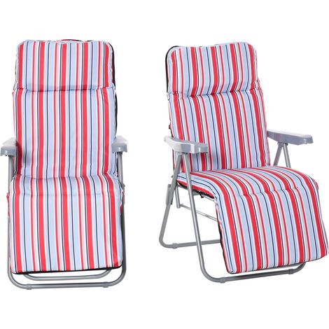 Reclining Garden Chair Set of 2, 5-Level Adjustable Zero Gravity Chairs Cushions, Folding Sun Lounger Garden Recliner Chairs Armrests for Outdoor, Patio, Red Stripe (1/5)