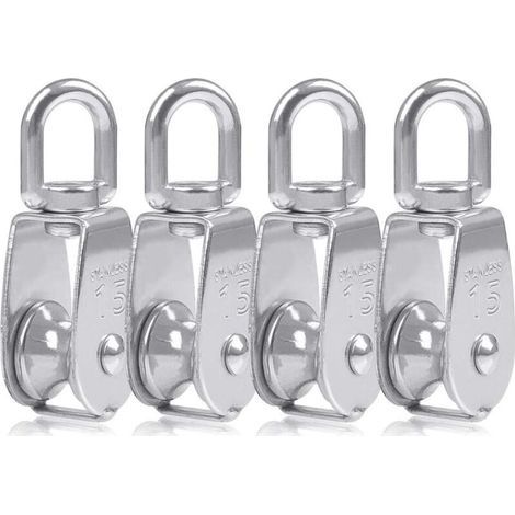 Poulie Simple Poulie pour Cable 15MM Acier Inox, Poulie Escalade Poulie Rouleau de Chargement, Poulie de Levage Capacité4pcs Argent (1/4)
