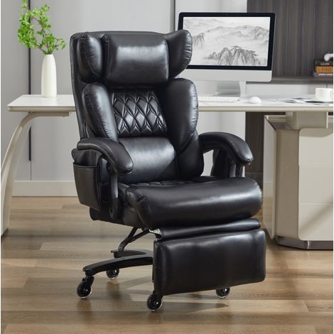 Poltrona da ufficio in pelle PU nera con massaggio, riscaldamento, poggiapiedi e reclinazione 90-150°, 88x70x112,5 cm (1/5)