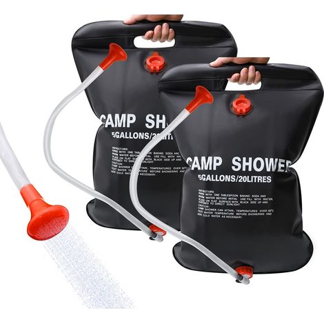 Ducha solar portátil de 20 l para camping, paquete de 2, con manguera desmontable y cabezal de ducha de encendido y apagado para camping, playa, natación y viajes al aire libre.