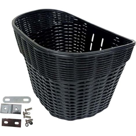Panier à vélo tressé en plastique noir 28x20x22 cm, panier à vélo avant incliné avec kit de montage et tournevis, adapté aux vélos d'enfants, vélos électriques et scooters (1/4)