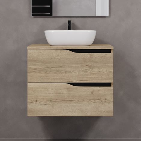 Meuble de salle de bain 60cm avec plateau et vasque à poser zeus - 2 tiroirs - sans miroir - madera miel (chêne clair) - LUNA (1/5)
