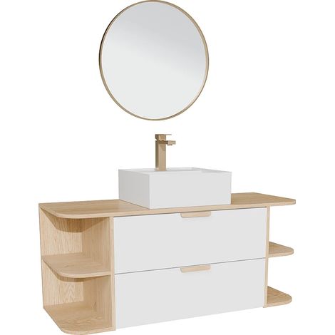 Mobile per lavabo sospeso con nicchie, lavabo da appoggio quadrato, rubinetteria e specchio Bianco e naturale chiaro L120 cm - AVORELI (1/5)