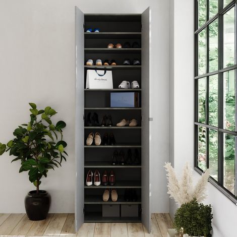 Allzweckschrank Ruggiero, 2 Türen, 10 Einlegeböden, Grifföffnung, Made in Italy, 63x212h cm, Zementgrau (1/5)