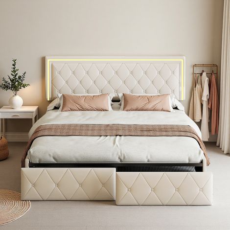 Lit 160x200 cm - tissu en PU - LED - sommier - lit double 160x200 cm - beige (1/5)