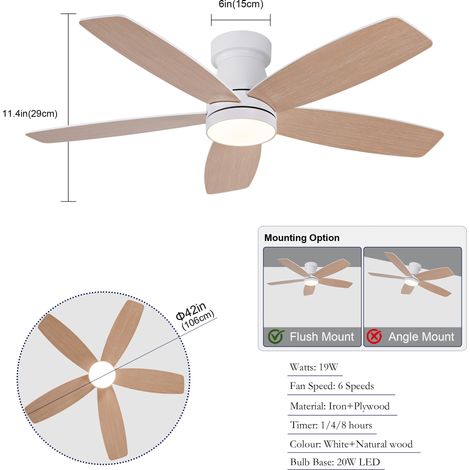 Ventilador de techo con luz 106 cm, 6 velocidades, mando a distancia, blanco y madera HAVRYA (1/5)