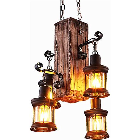 Lámpara colgante industrial retro para loft, de madera, para sala de estar, 4 bombillas E27 (no incluidas), estilo vintage industrial de madera para comedor o cafetería. (1/5)
