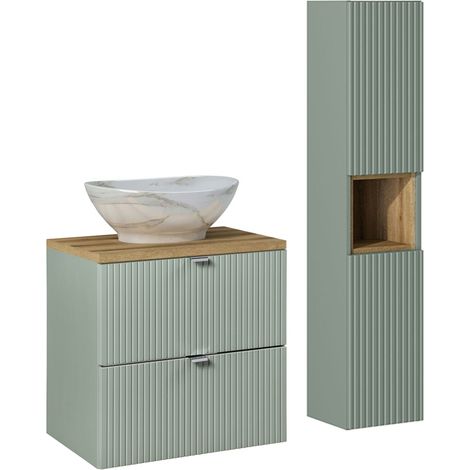 Waschtisch und Hängesäule 60cm Jade mit 2 Schubladen, Grün und Holzoptik