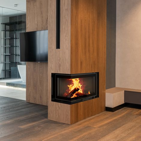 Kamineinsatz KRATKI MBM links 10 kW Ø 200 mit Schiebetür gebogenes Glas schwarz Verkleidung (1/5)