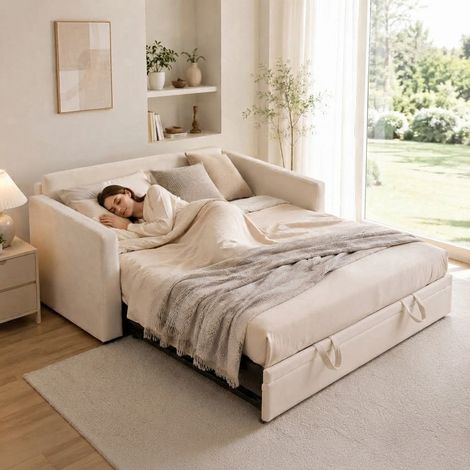 Canapé convertible 2 places 90/180x200 cm, lit gigogne capitonné en velours avec sommier à lattes, Canapé clic clac avec cadre métallique, Canapé 2-en-1 pour chambre ou salon, Beige