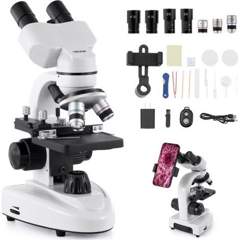 Microscopio Compuesto con Aumento de 40-2000X Kit de Microscopio Binocular Cuerpo de Aleación de Aluminio, Luz LED, Soporte para Teléfono, para Estudiantes, Laboratorios, Escuelas, Hogar (1/5)