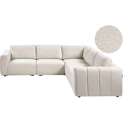 Sofá esquinero izquierdo moderno 5 plazas modular tapizado de bouclé blanco crema Kivvik (1/5)