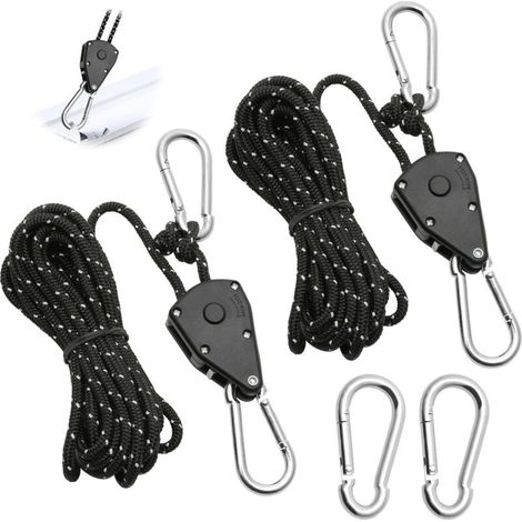 2 Pièces Corde à Cliquet Réglable 4M, Poulie à Cliquet Noir 1/8 avec 2 Replacement Crochets, Tendeur de Corde à Cliquet Réfléchissante pour Lampe Plantes Tente Randonnée (1/5)