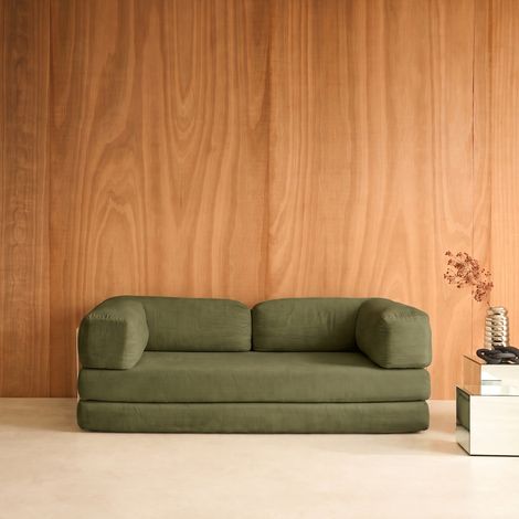 Canapé compressé vintage convertible 3 places en velours côtelé et armatures chromées L 200 x P 100 x H 72cm - Seventies Velours côtelé Kaki (1/5)