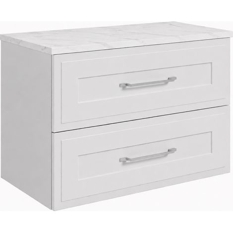 Meuble de salle de bain suspendu 80 cm à tiroirs, coloris blanc + plan de travail marbre Bianco, poignées coloris argent, 80 x 46 x 58,6 cm (1/5)