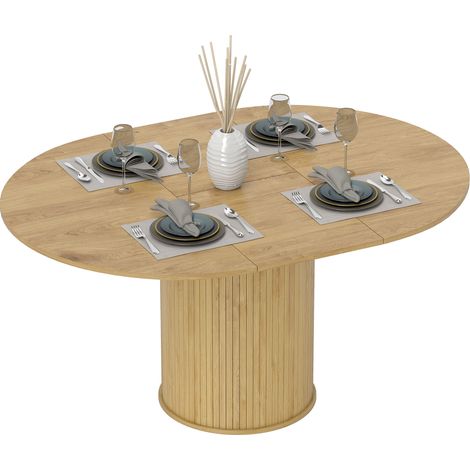 Ausziehbarer Tisch für 6-8 Personen, von rund zu oval, mit Mittelfuß, aus Holz und Stahl, Holzoptik
