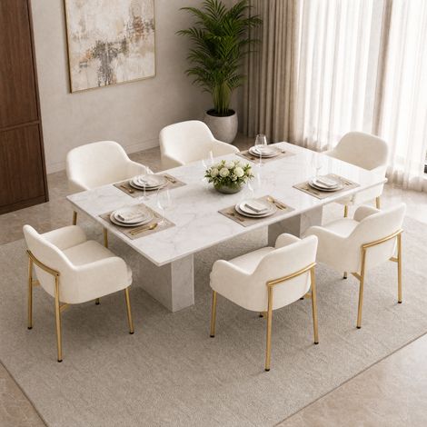 Pack de 6 sillas de comedor - 61 x 59 x 78.5 cm - tapizadas, reposabrazos, pies ajustables - estilo moderno - metal - blanco (1/5)