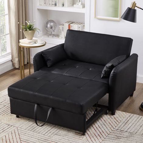 Fauteuil convertible, avec dossier réglable sur 3 positions, matériau PU imperméable, roulettes métalliques et pieds en plastique léger, canapé-lit double escamotable - Noir (1/5)