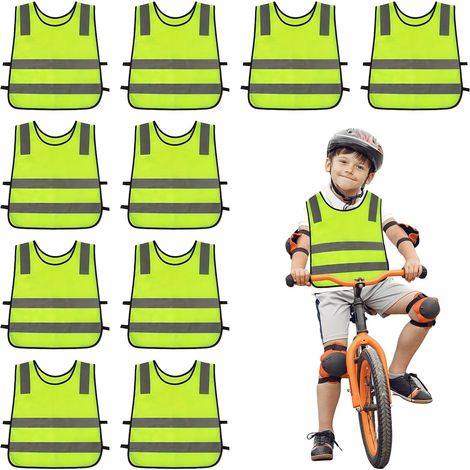 Set di 10 gilet gialli ad alta visibilità per bambini, gilet di sicurezza, gilet fluorescente per bambini, gilet ad alta visibilità per ciclismo e corsa all'aperto, età 3-12