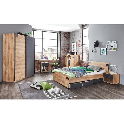 Chambre complète enfant/adolescent imitation chêne – Lit 90 x 200 cm avec 2 tiroirs – Bureau, chevet, armoire 2 portes – PEGANE (1/2)