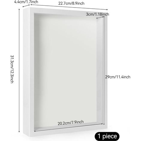 Grand cadre photo 3D A4 - 22,8 x 31,6 cm - Pour table ou mur - Pour objets jusqu'à 4,5 cm - Boîte à souvenirs en bois pour photos, travaux manuels, fleurs, médailles, billets - Blanc - 3 cm (1/4)