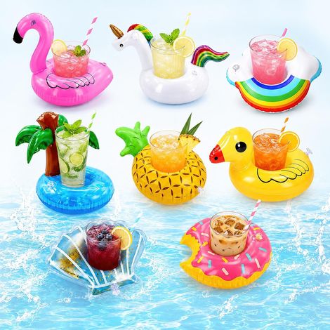 Porte-gobelet gonflable pour piscine, lot de 8, avec pompe à air, motif flamant rose et palmier, idéal pour l'été. (1/5)