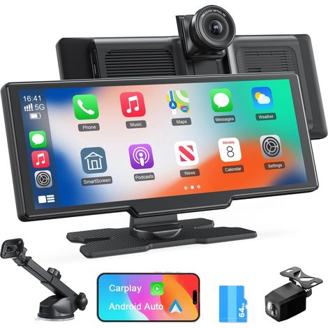 9,26'' Apple Carplay Wireless-Autoradio, 4K-Dashcam, 1080P-Rückfahrkamera, Sprachsteuerung, Touchscreen, Android Auto, GPS-Navigation, Bluetooth-Radio, Mirror Link/AUX/FM/mit 64-GB-Karte