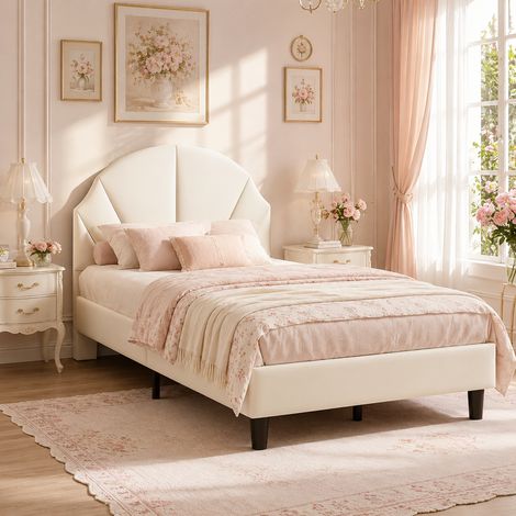 Lit simple 90 x 200 avec sommier à lattes–Lit enfant 90 x 200–Tête de lit réglable en hauteur–Velours–Beige–Capacité 200 kg–Style scandinave (1/5)