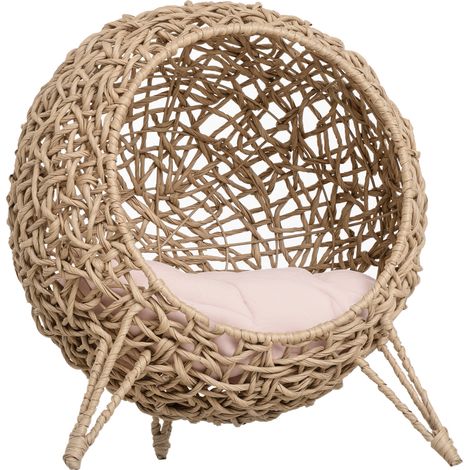 PawHut Wicker Cat Bed, Ball-Shaped Rattan Elevated Cat Basket with Three Tripod Legs, Cushion - Natural Wood Finish