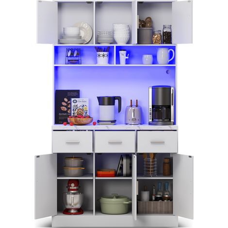 Buffet cuisine blanc 100 x 40 x 180 cm avec LED APP, 3 tiroirs, 6 portes, prises USB, étagères réglables et grand rangement pour cuisine et salle à manger - CHICFURN (1/5)