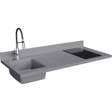 Plan de travail monobloc PlaniQuartz avec évier - 140 cm - Cromo - évier à gauche - Plaque de cuisson Induction (1/5)
