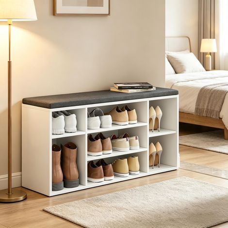 Banc à chaussures 103,5x30x48 cm avec coussin, meuble d’entrée rangement en bois blanc et lin gris (1/4)