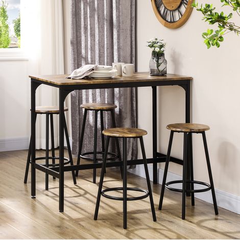 Set da pranzo alto con tavolo e 4 sgabelli in MDF marrone e metallo nero, 110x50x89,5 cm, stile industriale (1/5)