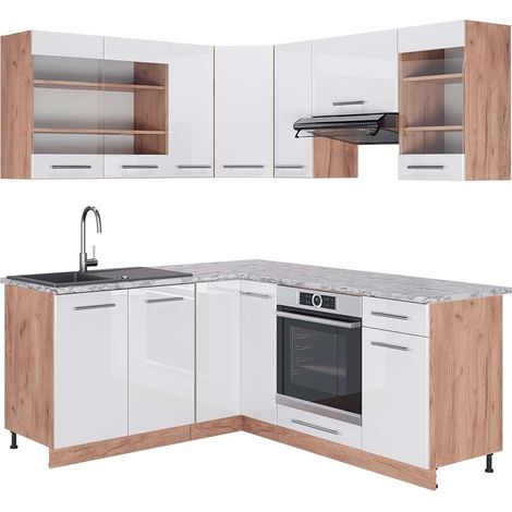 Cocina esquinera Fame-Line, Blanco brillo intenso/roble dorado, 160 x 190 cm , ET Mármol, Vicco (1/5)