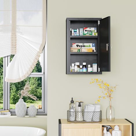 Armoire à pharmacie en acier noir 30x14x46cm, 3 étagères, fermeture à clé, coffret mural de rangement. (1/5)