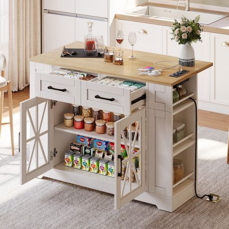 Îlot de cuisine portable 120 cm avec table pliante, étagères ouvertes, prises AC/USB, porte vitrée, étagère réglable, roulettes avec freins – pour cuisine, salle à manger, salon – blanc et bois (1/5)